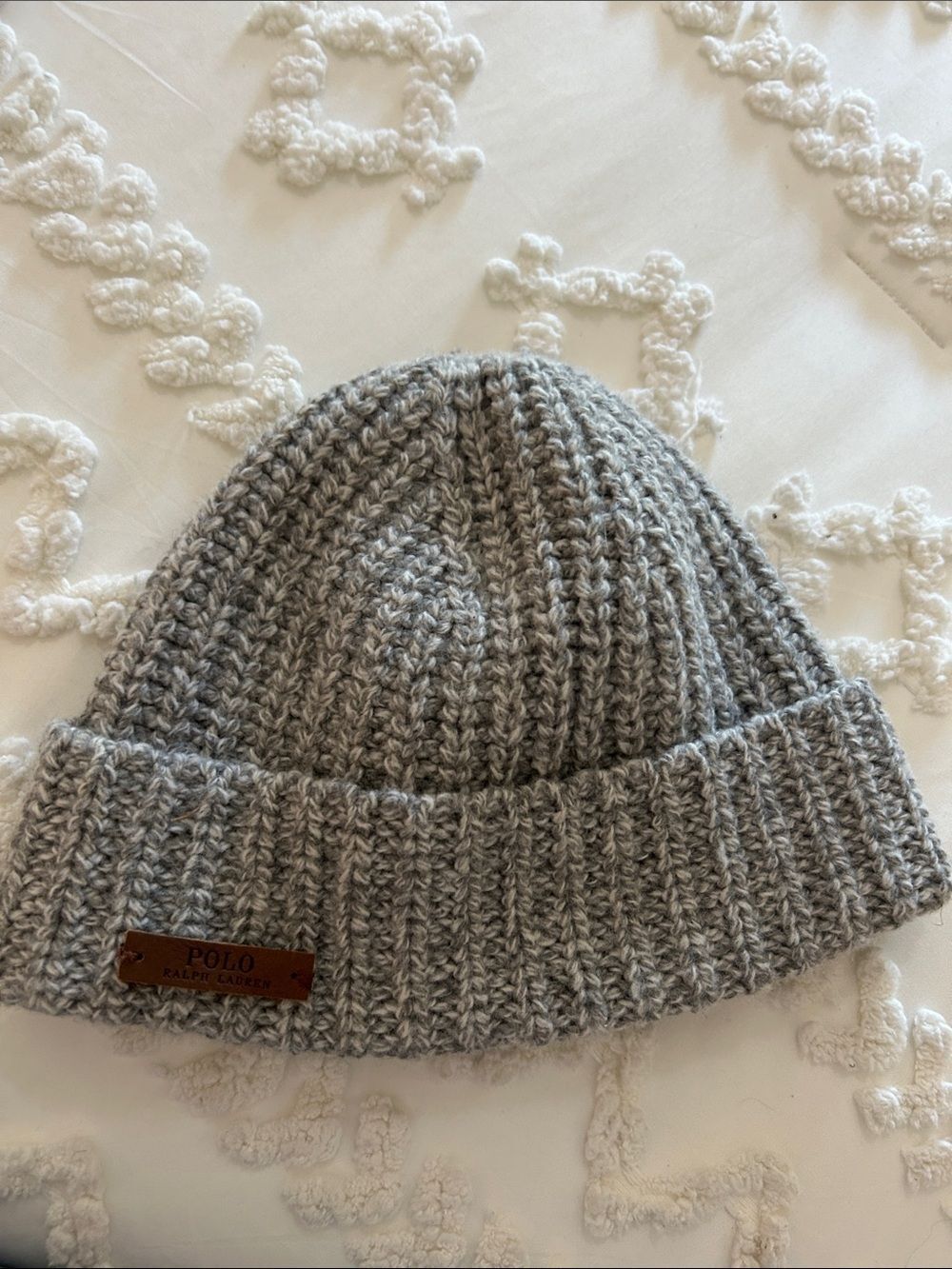 Ralph Lauren POLO Gray Marled Knit Beanie with Leather Logo Patch